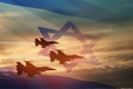 Aircraft silhouettes on background of sunset with a transparent waving Israel flag. Military aircraft.