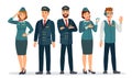 Aircraft staff. Air crew in uniforms pilots, stewardesses and flight attendant. Group of airport employee. Airline