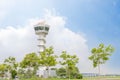 Aircraft traffic control tower of Suvarnnabhumi airpot with many street foreground and blu sky background. February 12, 2017