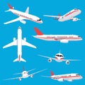 Aircraft transport. Passenger flight jet airplane, aviation vehicles, flying airline airplanes isolated vector Royalty Free Stock Photo