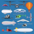 Aircraft vector drone jet and airship helicopter and airplane flight transportation in sky illustration aviation set of