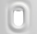 Aircraft window, front view. Rounded airplane porthole with open curtain and white sunlight outside. Realistic mockup of