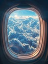 Aircraft window with a view of the blue sky and white clouds outside Royalty Free Stock Photo