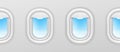 Aircraft windows. Airplane illuminators, plane portholes seamless vector exterior with blue sky outside