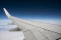 Aircraft wing during the flight with blue sky Royalty Free Stock Photo