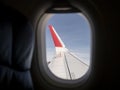 Aircraft winglet or wingtip from window seat. Blue sky Background. Static discharger on wingtip.