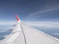 Aircraft winglet or wingtip from window seat. Blue sky Background. Static discharger on wingtip.