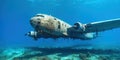Aircraft wreck underwater with turbine engines. AI generative illustration