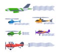 Aircrafts flying with advertising banners. Blank horizontal banner pulled by airplanes and helicopters set cartoon Royalty Free Stock Photo