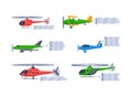 Aircrafts flying with blank advertising banners set. Blank horizontal banner pulled by airplanes and helicopters cartoon