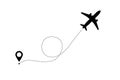 Aircrafts line path vector icon air plane flight route with start point and dash line trace on white background. Airplane travel