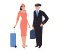 Aircrew, pilot and flight attendant, woman and man at airport, vector illustration. Crew characters with luggage in Royalty Free Stock Photo