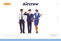 Aircrew service landing page with happy first and second pilot of airliner and air hostess team