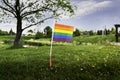 Miniature rainbow flag at a public park