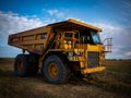 CAT heavy equipment truck in a field with a blue sky backdrop