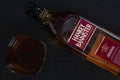 Hankey Bannister blended Scotch whisky bottle isolated on black background