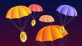 Airdrop concept with colorful parachutes and free golden coins Dollar USD on dark digital background. Distribution of free coins