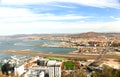 Aireal view of Gibraltar International Airport runway as well as the harbor and city Royalty Free Stock Photo