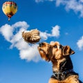 Airedale Terrier dog attentively watching a hot air balloon ascending