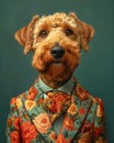 Airedale Terrier Dog Dressed - Hyperrealistic Photographic Illustration - Generated By Ai