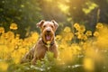 Airedale terrier dog sitting in meadow field surrounded by vibrant wildflowers and grass on sunny day AI Generated Royalty Free Stock Photo