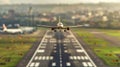 an airfield with the slow landing of planes, detail of the aircraft and surrounding infrastructure, that emphasizes the