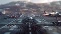 an airfield with the slow landing of planes, detail of the aircraft and surrounding infrastructure, that emphasizes the