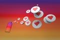 Airhorn releases heart icons. Colorful social networks background. 3d render Royalty Free Stock Photo