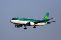 Airline Aer Lingus plane comes in for a landing in an aeroport El Prat city of Barcelona