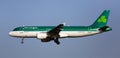 Airline Aer Lingus plane comes in for a landing in an aeroport El Prat city of Barcelona