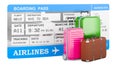 Airline boarding pass ticket and baggage. Travel concept, 3D rendering Royalty Free Stock Photo