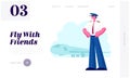 Airline Crew Website Landing Page. Smiling Pilot Wearing Uniform Stand with Arms Akimbo on Airplane Background in Airport