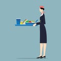 Airline hostess serving food.