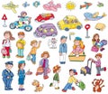 Airline machines, vehicles, dogs, people comics for children stickers, illustration for kidschildren stickers,