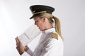 Airline officer using an air sickness bag