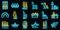 Airline passengers icons set vector neon