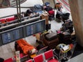 Airline passengers sleep at CDG Airport terminal, Paris, France