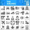 Airline solid icon set, airline symbols collection or sketches. airline glyph style signs for web and app. Vector Royalty Free Stock Photo