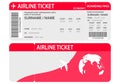 Airline ticket or boarding pass for traveling by plane isolated on white.Plane ticket template. Air economy flight. Red