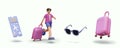 Airline ticket with perforation, suitcase, sunglasses, male character in hurry