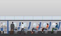 Airline travel passengers concept vector banner. People in airplane. Aircraft interior.