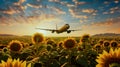 Airliner Above A Field Of Sunflowers.