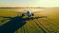 Airliner above a green field.