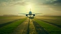 Airliner above a green field.