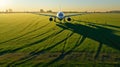 Airliner above a green field. Generative AI