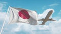 Plane arrives to airport with flag of Japan. Japanese tourism. 3D rendering