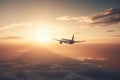 airliner can be seen flying high in the sky during sunset. The silhouette of the airplane is visible from a back view Royalty Free Stock Photo