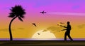 An airliner with contrail is seen in the sky traveling to a tropical beach, pelicans, sunset, juggler, palm tree, ocean and beach Royalty Free Stock Photo