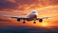 Airplane prepares for landing at sunset