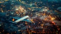 Airliner flies low over lights of night city